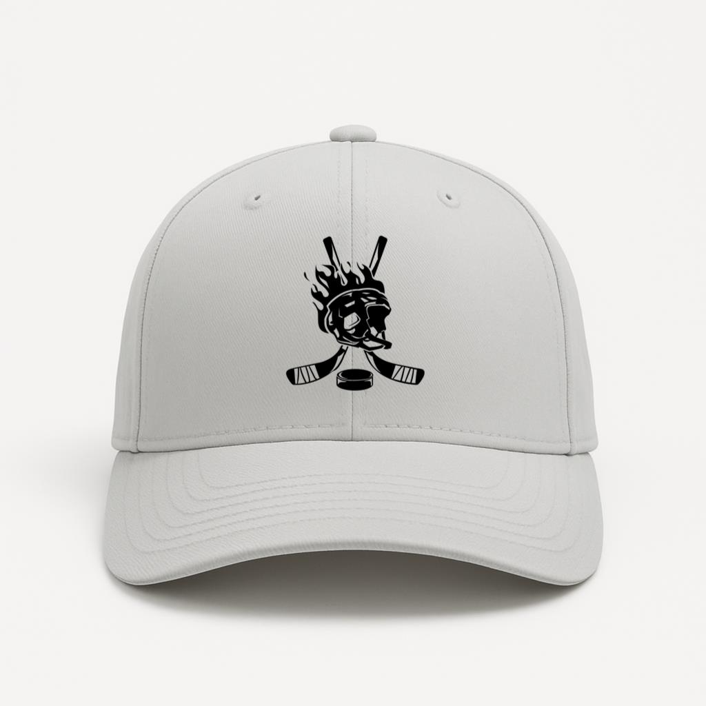 Hockey Helmet On Fire And Sticks Badge Baseball Cap