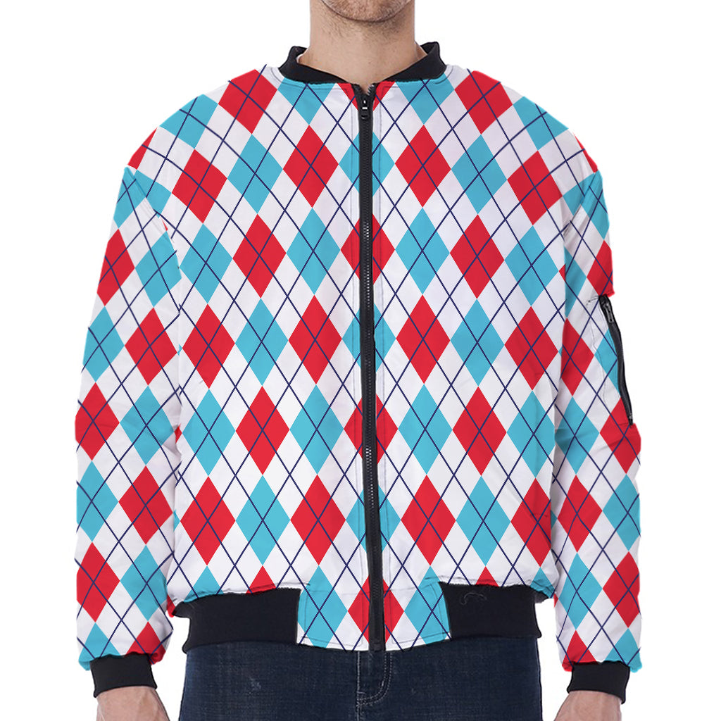 White Red And Blue Argyle Pattern Print Zip Sleeve Bomber Jacket